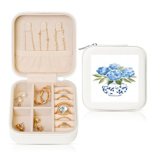 Aquarell-Schüssel-Vase mit blauen Hortensien, Reise-Schmuck-Organizer, PU-Leder, Schmuck-Aufbewahrungshalter für Ringe, Ohrringe, Anhänger, Halsketten für Mädchen und Frauen von Woshuwo