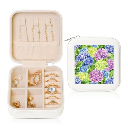 Bunte Hortensien mit grünen Blättern, Reise-Schmuck-Organizer, PU-Leder, Schmuckaufbewahrung für Ringe, Ohrringe, Anhänger, Halsketten für Mädchen und Frauen von Woshuwo