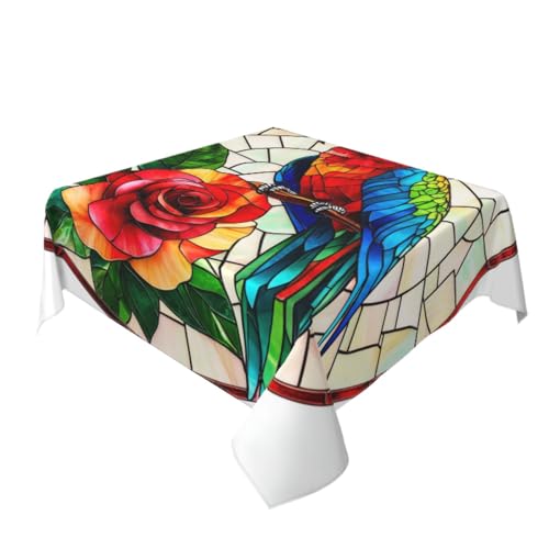 Buntglas-Tischdecke mit Papageien-Rosen, waschbar, dekorativ für Küche, 152,4 x 152,4 cm von Woshuwo