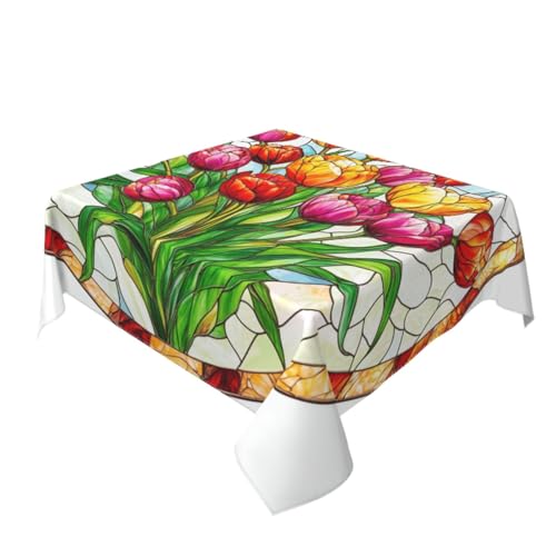 Buntglas-Tischdecke mit Tulpen, waschbar, dekorativ für Küche, 152,4 x 152,4 cm von Woshuwo