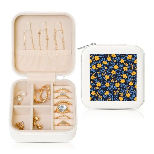 Kleine gelbe Blumen mit blauen Blättern, Reise-Schmuck-Organizer, PU-Leder, Schmuckaufbewahrung für Ringe, Ohrringe, Anhänger, Halsketten für Mädchen und Frauen von Woshuwo