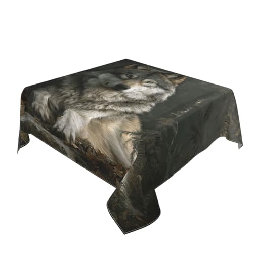 Majestätischer Wolf im Wald Tischdecke, waschbar, dekorativ für Küche, 152,4 x 152,4 cm von Woshuwo