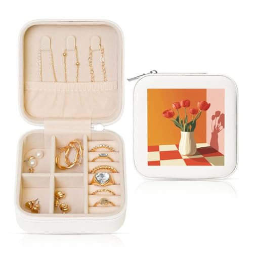 Minimalistische Retro-Vase, Blumen, Karomuster, Reise-Schmuck-Organizer, PU-Leder, Schmuckaufbewahrung, Halter für Ringe, Ohrringe, Anhänger, Halsketten für Mädchen und Frauen von Woshuwo