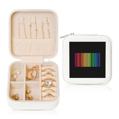 Minimalistischer Regenbogen-Barcode-Organizer, vertikale Linien, Reise-Schmuck-Organizer, PU-Leder-Schmuck-Aufbewahrungshalter für Ringe, Ohrringe, Anhänger, Halsketten für Mädchen und Frauen von Woshuwo