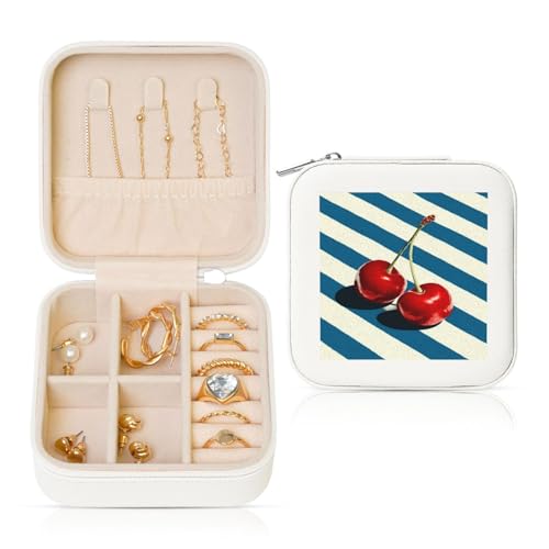 Minimalistischer Reise-Schmuckkästchen, zwei Kirschen auf blau-weiß gestreiftem Reise-Schmuck-Organizer, PU-Leder, Schmuckaufbewahrung für Ringe, Ohrringe, Anhänger, Halsketten für Mädchen und Frauen von Woshuwo