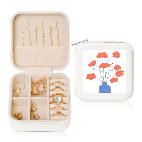 Minimalistischer Reise-Schmuckkästchen mit roter Blume, aus PU-Leder, Schmuckaufbewahrung für Ringe, Ohrringe, Anhänger, Halsketten für Mädchen und Frauen von Woshuwo