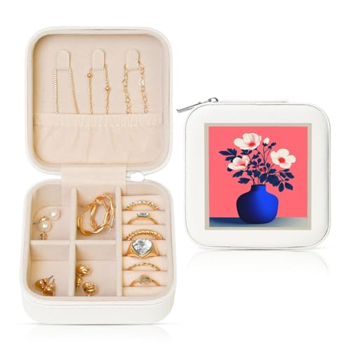 Minimalistischer Retro-Reise-Schmuckkoffer, weiße Blumen in blauer Vase, PU-Leder, Schmuckaufbewahrung für Ringe, Ohrringe, Anhänger, Halsketten für Mädchen und Frauen von Woshuwo
