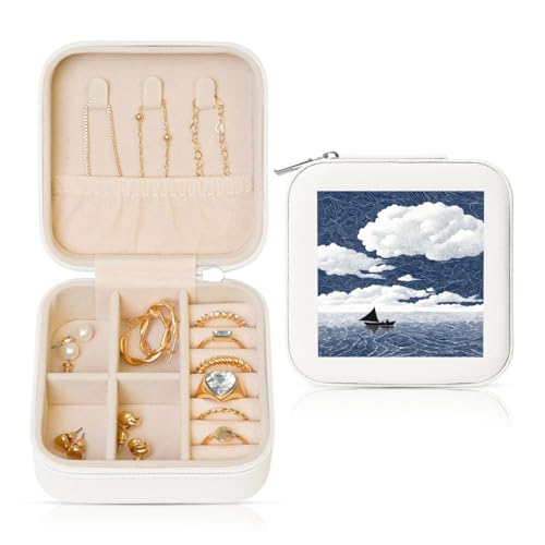 Minimalistisches Schmuckkästchen mit Meeresboot, Wolkenlandschaft, Reise-Schmuck-Organizer, PU-Leder, Schmuck-Aufbewahrungshalter für Ringe, Ohrringe, Anhänger, Halsketten für Mädchen und Frauen von Woshuwo