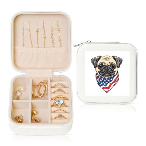 Niedlicher Mops-/Hunde-Cartoon-Reise-Schmuck-Organizer, PU-Leder, Schmuck-Aufbewahrungshalter für Ringe, Ohrringe, Anhänger, Halsketten für Mädchen und Frauen von Woshuwo