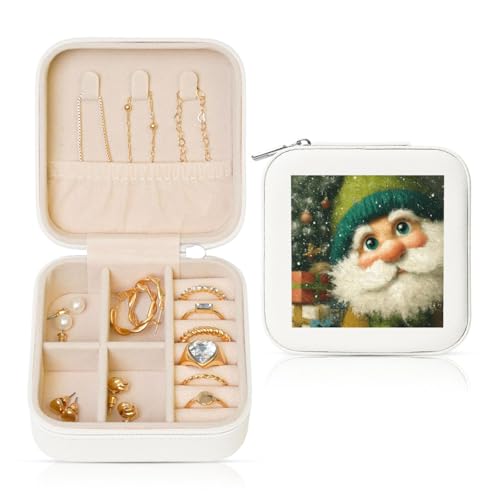 Niedlicher Weihnachtsmann mit grünem Hut, Reise-Schmuck-Organizer, PU-Leder, Schmuckaufbewahrungshalter für Ringe, Ohrringe, Anhänger, Halsketten für Mädchen und Frauen von Woshuwo