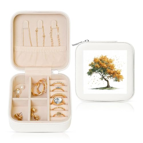 Reise-Schmuckkästchen, Aquarell-Baum mit Blättern, aus PU-Leder, Schmuckaufbewahrung für Ringe, Ohrringe, Anhänger, Halsketten für Mädchen und Frauen von Woshuwo