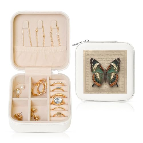 Reise-Schmuckkästchen, Motiv: Schmetterling auf Retro-Buchstaben, PU-Leder, Schmuckaufbewahrung für Ringe, Ohrringe, Anhänger, Halsketten für Mädchen und Frauen von Woshuwo