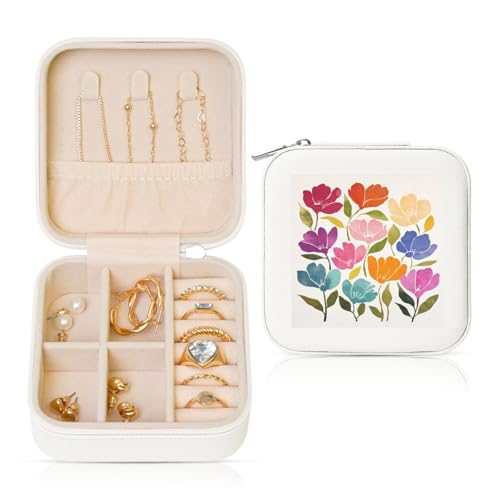 Reise-Schmuckkästchen, Retro-Blumen-Blockdruck, PU-Leder, Schmuckaufbewahrung, Halter für Ringe, Ohrringe, Anhänger, Halsketten für Mädchen und Frauen von Woshuwo