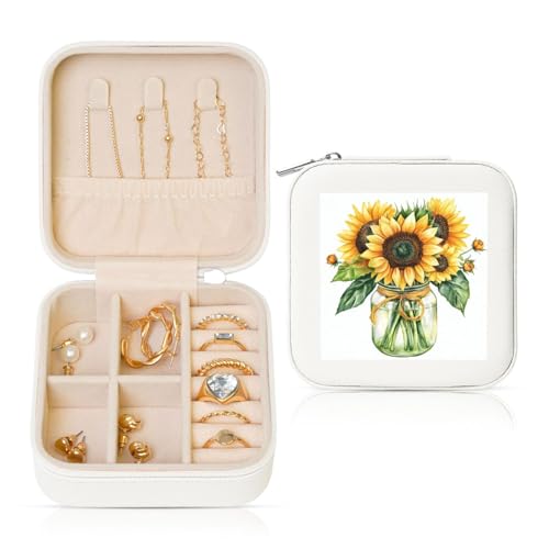 Reise-Schmuckkästchen, Sonnenblumen-Mohnblumen-Blumenstrauß im Glas, Schmuck-Organizer, PU-Leder für Ringe, Ohrringe, Anhänger, Halsketten für Mädchen und Frauen Reise-Schmuckkästchen, Sonnenblumen-Mohnblumen-Blumenstrauß im Glas, Schmuck-Organizer, PU-Leder für Ringe, Ohrringe, Anhänger, Halsketten für Mädchen und Frauen von Woshuwo