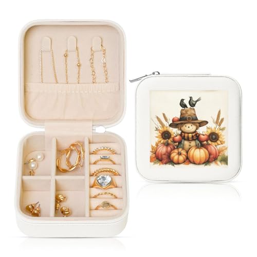Reise-Schmuckkästchen, Vogelscheuche, Kürbis, Vögel, Reise-Schmuck-Organizer, PU-Leder, Schmuck-Aufbewahrungshalter für Ringe, Ohrringe, Anhänger, Halsketten für Mädchen und Frauen von Woshuwo
