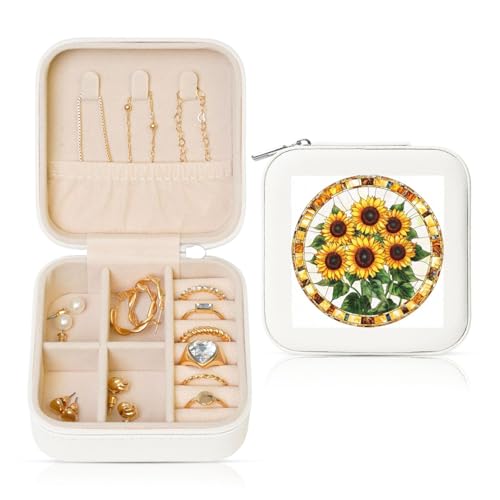 Reise-Schmuckkästchen aus Buntglas, Sonnenblumen, PU-Leder, Schmuckaufbewahrung für Ringe, Ohrringe, Anhänger, Halsketten für Mädchen und Frauen von Woshuwo