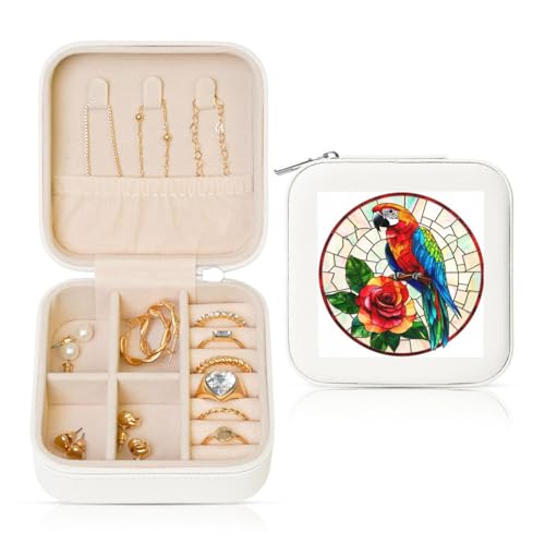 Reise-Schmuckkästchen aus Kunstleder mit bunten Papageien, Rosen, für Ringe, Ohrringe, Anhänger, Halsketten für Mädchen und Frauen von Woshuwo