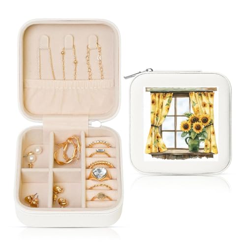 Reise-Schmuckkästchen aus PU-Leder mit Sichtfenster und Sonnenblumen-Motiv, für Ringe, Ohrringe, Anhänger, Halsketten für Mädchen und Frauen von Woshuwo