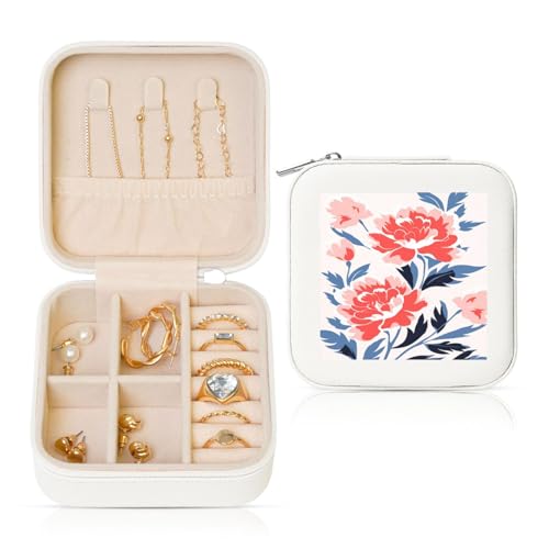 Reise-Schmuckkästchen im Vintage-Stil, rosa Pfingstrosen, PU-Leder, Schmuckaufbewahrung für Ringe, Ohrringe, Anhänger, Halsketten für Mädchen und Frauen von Woshuwo