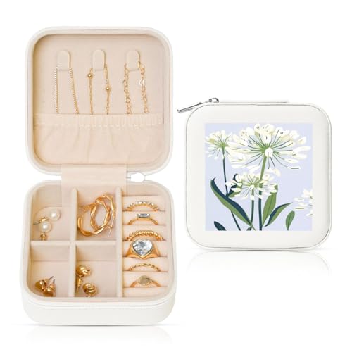 Reise-Schmuckkästchen im Vintage-Stil, weißes Agapanthus-Blumenmotiv, PU-Leder, Schmuckaufbewahrung für Ringe, Ohrringe, Anhänger, Halsketten für Mädchen und Frauen von Woshuwo