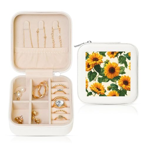 Reise-Schmuckkästchen mit Sonnenblumen-Motiv, PU-Leder, Schmuckaufbewahrung für Ringe, Ohrringe, Anhänger, Halsketten für Mädchen und Frauen von Woshuwo