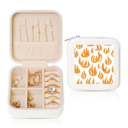 Reise-Schmuckkästchen mit orangefarbenen Flammen und Muster, PU-Leder, Schmuckaufbewahrung für Ringe, Ohrringe, Anhänger, Halsketten für Mädchen und Frauen von Woshuwo