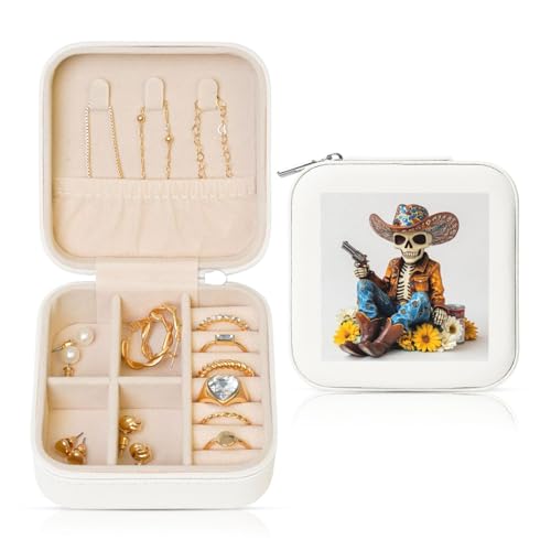 Retro-Cowboy-Totenkopf-Holz-Skulptur, Reise-Schmuck-Organizer, PU-Leder-Schmuck-Aufbewahrungshalter für Ringe, Ohrringe, Anhänger, Halsketten für Mädchen und Frauen Retro-Cowboy-Totenkopf-Holz-Skulptur, Reise-Schmuck-Organizer, PU-Leder-Schmuck-Aufbewahrungshalter für Ringe, Ohrringe, Anhänger, Halsketten für Mädchen und Frauen von Woshuwo
