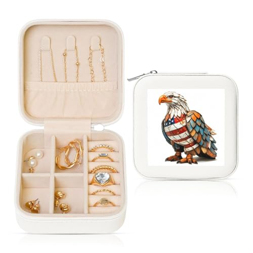 Retro-Schmuckkästchen mit Weißkopfseeadler aus Holz, Reise-Schmuck-Organizer, PU-Leder-Schmuck-Aufbewahrungshalter für Ringe, Ohrringe, Anhänger, Halsketten für Mädchen und Frauen von Woshuwo