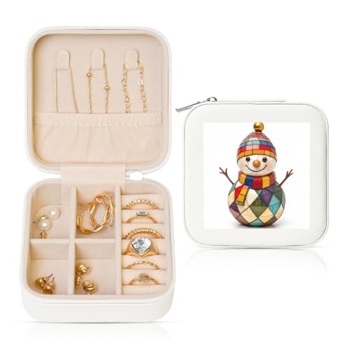 Retro-Schneemann-Holz-Skulptur, Reise-Schmuck-Organizer, PU-Leder, Schmuck-Aufbewahrungshalter für Ringe, Ohrringe, Anhänger, Halsketten für Mädchen und Frauen von Woshuwo