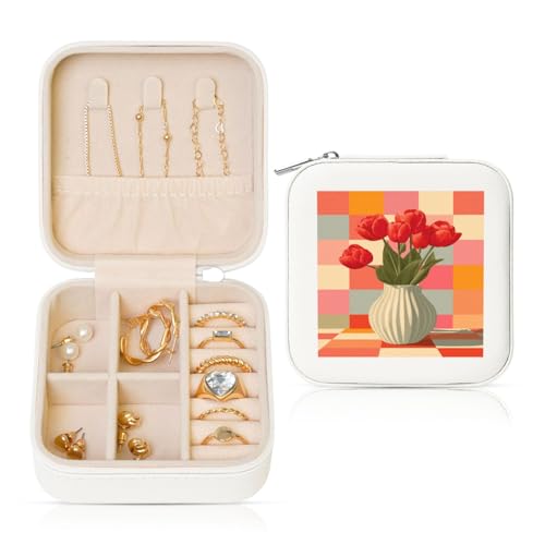 Retro-Vase mit Blumen, Reise-Schmuck-Organizer, PU-Leder, Schmuck-Aufbewahrungshalter für Ringe, Ohrringe, Anhänger, Halsketten für Mädchen und Frauen von Woshuwo