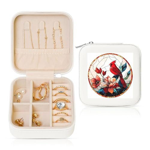 Schmuckkästchen, Buntglas, roter Vogel, Blume, Reise-Schmuck-Organizer, PU-Leder, Schmuckaufbewahrung für Ringe, Ohrringe, Anhänger, Halsketten für Mädchen und Frauen von Woshuwo