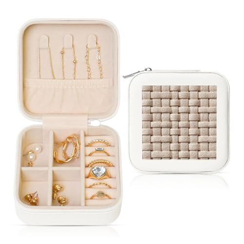 Schmuckkästchen mit gewebtem Muster, biologisch abbaubares Material, Reise-Schmuck-Organizer, PU-Leder, Schmuckaufbewahrung für Ringe, Ohrringe, Anhänger, Halsketten für Mädchen und Frauen von Woshuwo