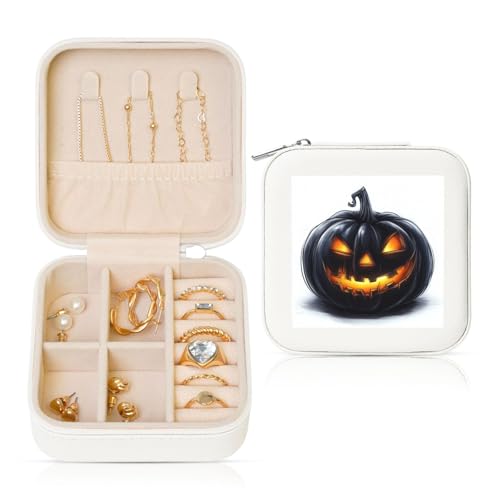 Schwarzer Halloween-Kürbis-Reise-Schmuck-Organizer, PU-Leder, Schmuck-Aufbewahrungshalter für Ringe, Ohrringe, Anhänger, Halsketten für Mädchen und Frauen von Woshuwo