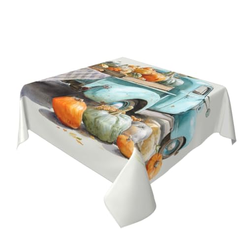 Tischdecke, Motiv: Vintage-Truck-Kürbisse, waschbar, dekorativ für Küche, 152,4 x 152,4 cm, Pastellblau Tischdecke, Motiv: Vintage-Truck-Kürbisse, waschbar, dekorativ für Küche, 152,4 x 152,4 cm, Pastellblau von Woshuwo