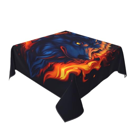 Tischdecke, Motiv: Wolf, rote Flammen, waschbar, dekorativ, für Küche, 152,4 x 152,4 cm Tischdecke, Motiv: Wolf, rote Flammen, waschbar, dekorativ, für Küche, 152,4 x 152,4 cm von Woshuwo