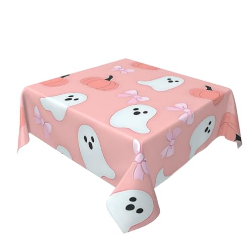 Tischdecke, Motiv: niedliche Geisterkürbisse, rosa Schleifen, waschbar, dekorativ für Küche, 152,4 x 152,4 cm Tischdecke, Motiv: niedliche Geisterkürbisse, rosa Schleifen, waschbar, dekorativ für Küche, 152,4 x 152,4 cm von Woshuwo