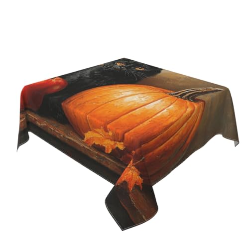 Tischdecke, Motiv: schwarze Katze, Kürbisse, waschbar, dekorativ, für Küche, 152,4 x 152,4 cm Tischdecke, Motiv: schwarze Katze, Kürbisse, waschbar, dekorativ, für Küche, 152,4 x 152,4 cm von Woshuwo