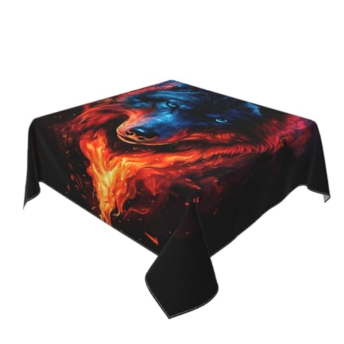 Tischdecke, waschbar, Motiv: Wolf auf Feuer, dekorativ, für Küche, 152,4 x 152,4 cm, Rot / Blau Tischdecke, waschbar, Motiv: Wolf auf Feuer, dekorativ, für Küche, 152,4 x 152,4 cm, Rot / Blau von Woshuwo