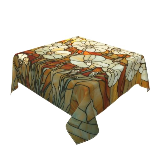 Tischdecke aus Buntglas, Motiv: weiße Gänseblümchen, waschbar, dekorativ, für Küche, 152,4 x 152,4 cm Tischdecke aus Buntglas, Motiv: weiße Gänseblümchen, waschbar, dekorativ, für Küche, 152,4 x 152,4 cm von Woshuwo