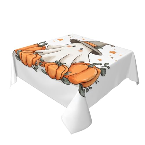 Tischdecke mit Cartoon-Geister-Hexenhut, Kürbisse, waschbar, dekorativ für Küche, 152,4 x 152,4 cm von Woshuwo
