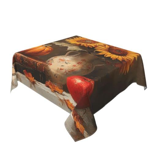 Tischdecke mit Sonnenblumenkürbisen, Vintage-Bücher, waschbar, dekorativ für Küche, 152,4 x 152,4 cm Tischdecke mit Sonnenblumenkürbisen, Vintage-Bücher, waschbar, dekorativ für Küche, 152,4 x 152,4 cm von Woshuwo