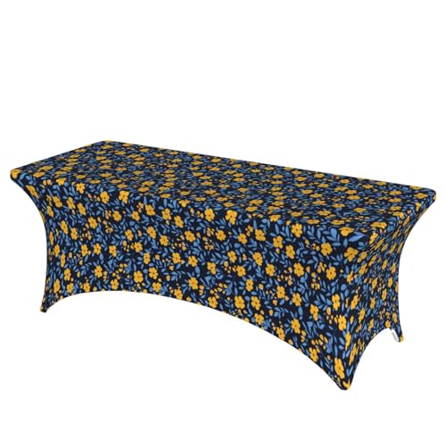 Tischdecke mit kleinen gelben Blumen mit blauen Blättern, 1,8 m, Stretchtuch für rechteckige Tische, Küchentischdecken, Esstische, Abdeckung für Bankett, Hochzeiten, Partys von Woshuwo