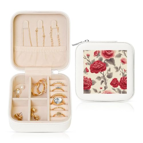 Traditionelle rote Blumen und Blätter, Reise-Schmuck-Organizer, PU-Leder, Schmuckaufbewahrung für Ringe, Ohrringe, Anhänger, Halsketten für Mädchen und Frauen von Woshuwo
