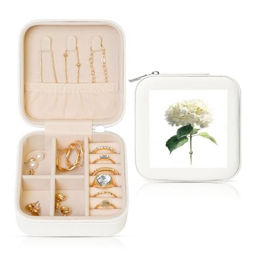 Wasserfarbene, weiße Hortensien-Blume, Reise-Schmuck-Organizer, PU-Leder, Schmuck-Aufbewahrungshalter für Ringe, Ohrringe, Anhänger, Halsketten für Mädchen und Frauen von Woshuwo