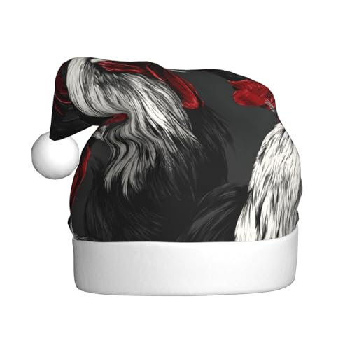 Weihnachtsmütze für Erwachsene, Hahn, mit roten Schwanzfedern, Schwarz und Weiß von Woshuwo