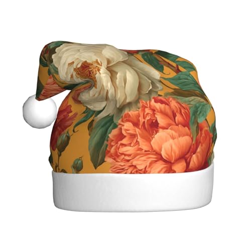 Weihnachtsmütze mit Pfingstrosen, Rosen auf orangefarbener Weihnachtsmütze für Erwachsene von Woshuwo