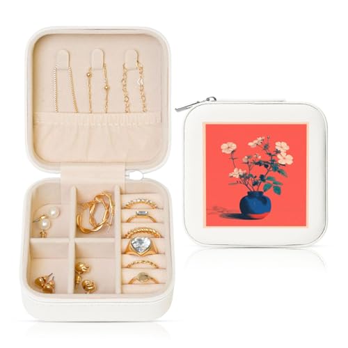 Weiße Blumen in einer blauen Vase, Vintage-Reise-Schmuck-Organizer, PU-Leder, Schmuck-Aufbewahrungshalter für Ringe, Ohrringe, Anhänger, Halsketten für Mädchen und Frauen von Woshuwo