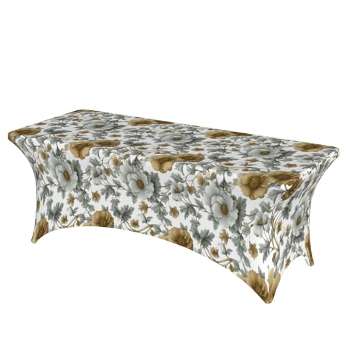 Woshuwo Tischdecke mit altgoldenen Blumen, 1,8 m, Stretch-Stoff für rechteckige Tische, Küchentischdecken, Esstische, Abdeckung für Bankett, Hochzeiten, Partys von Woshuwo