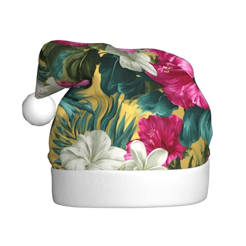 Woshuwo Weihnachtsmütze für Erwachsene, Hibiskusblüten, Palmblätter, Rosa / Weiß von Woshuwo