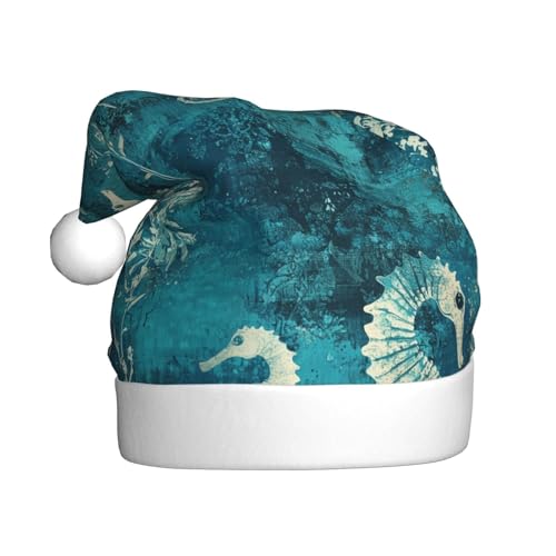 Woshuwo Weihnachtsmütze für Erwachsene, Motiv: Seepferdchen in Blaugrün und Blau, Unterwasser-Blumenmuster, Weihnachtsmannmütze von Woshuwo